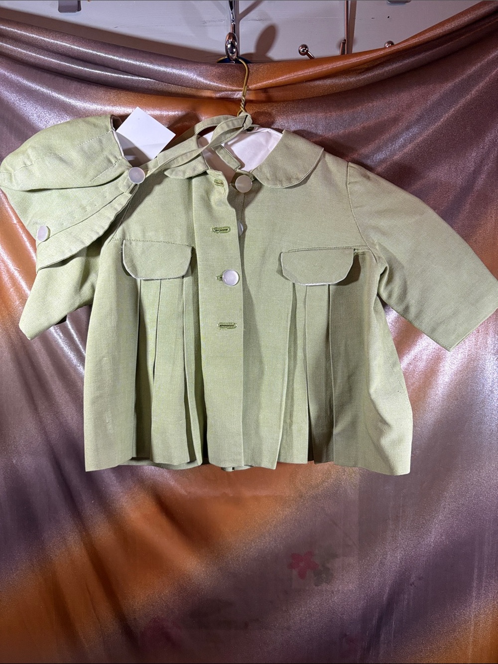 Girls' Light Apple Green vintage 50’s Pleated Jacket Peter Pan Collar Bonnet F2